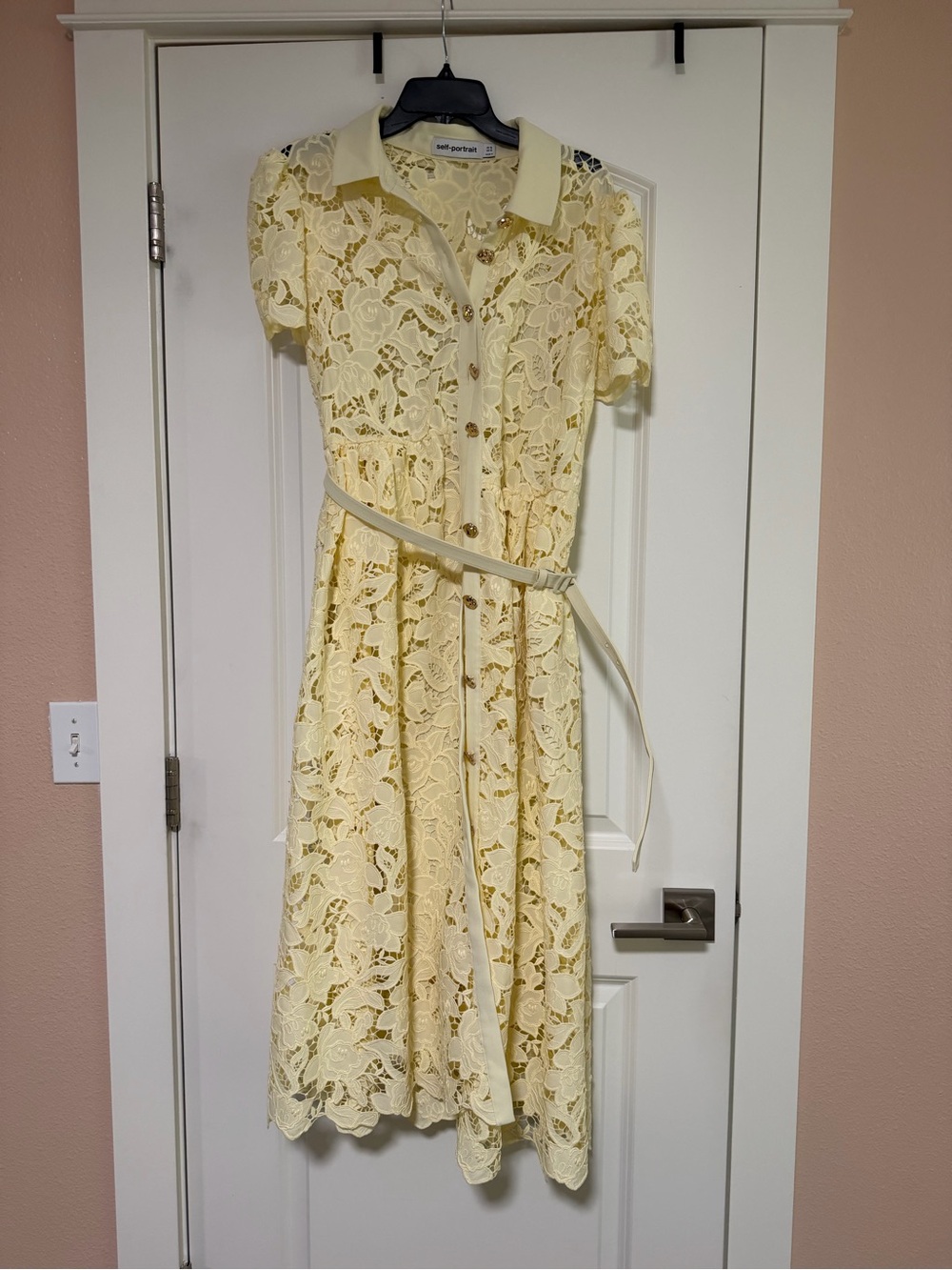 Self-Portrait Lemon Lace Midi Shirt Dress with Belt